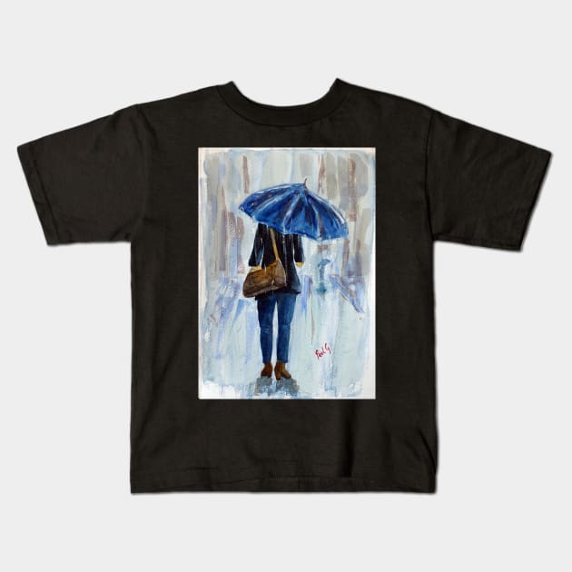 Blue Umbrella in the Rain Kids T-Shirt by pops